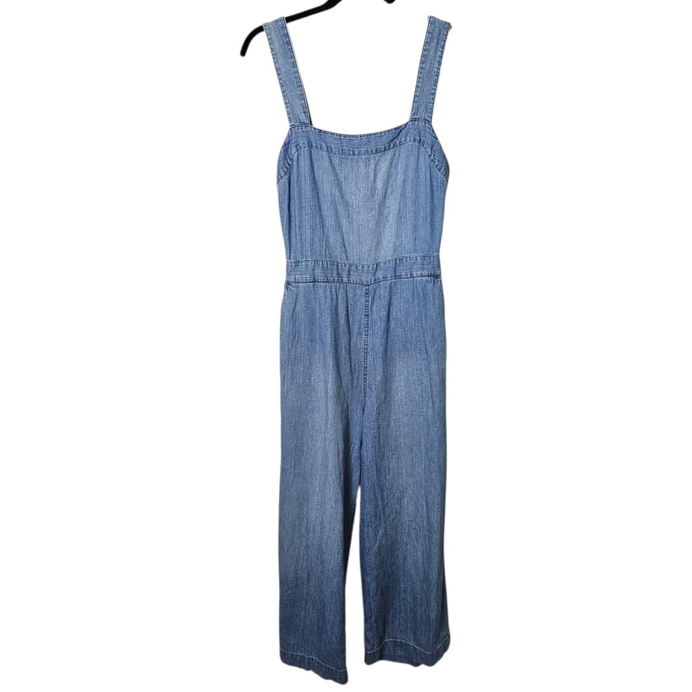 Madewell 6 Denim Apron‎ Bow-Back Jumpsuit Chambray Cropped Wide Leg Open Back